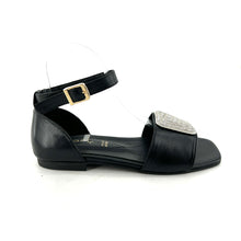 Charger l'image dans la galerie, Sandale Bride Cheville Bijou Strass Blanc en Cuir Noir