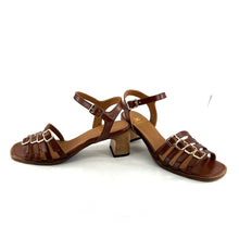 Charger l'image dans la galerie, Sandale Talon Trotteur en Cuir Cognac et Boucles Dorées
