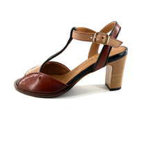 Charger l'image dans la galerie, Sandale à Talon Montage Salomé en Cuir Cognac Beige et Noir