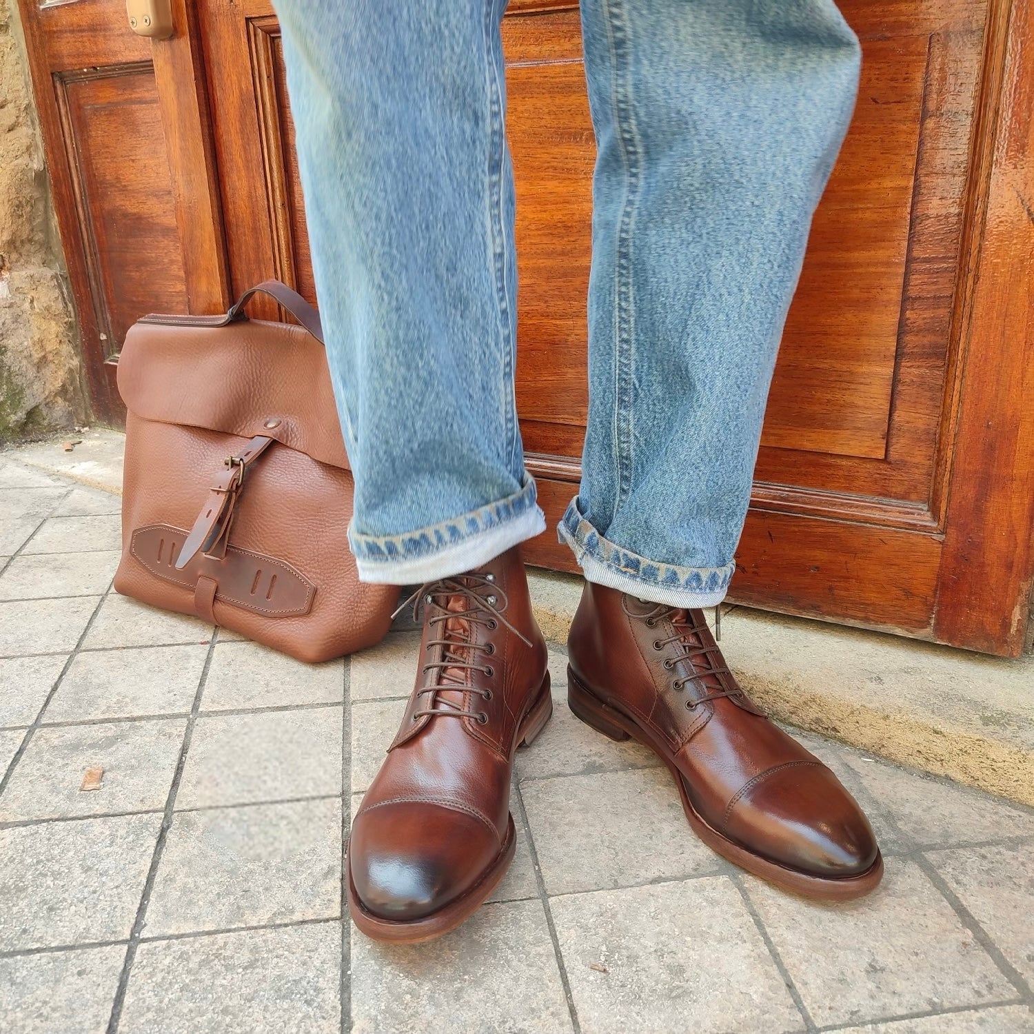 Chaussure Lacets Montante en Cuir Cognac Veine