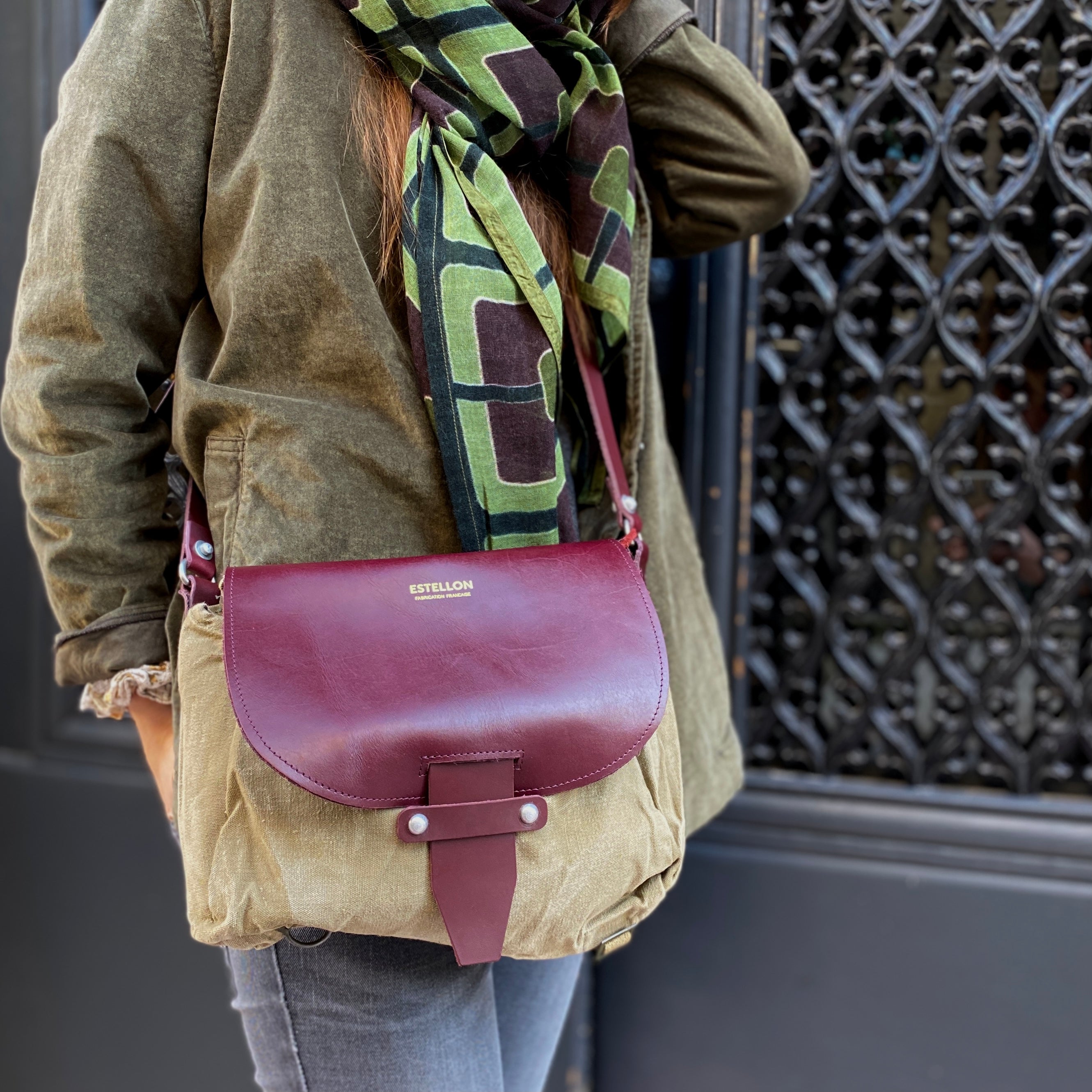 Sac Bandoulière POLO en Toile Militaire et Cuir Bordeaux