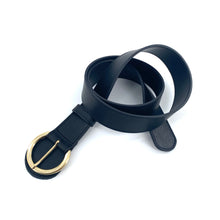 Load image into Gallery viewer, Ceinture en Cuir Noir Boucle Ronde Dorée
