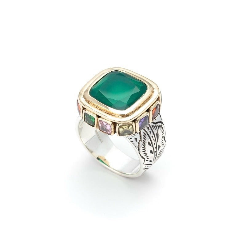 Bague en Argent et Onyx Vert Sertie d’Oxydes Multicolores