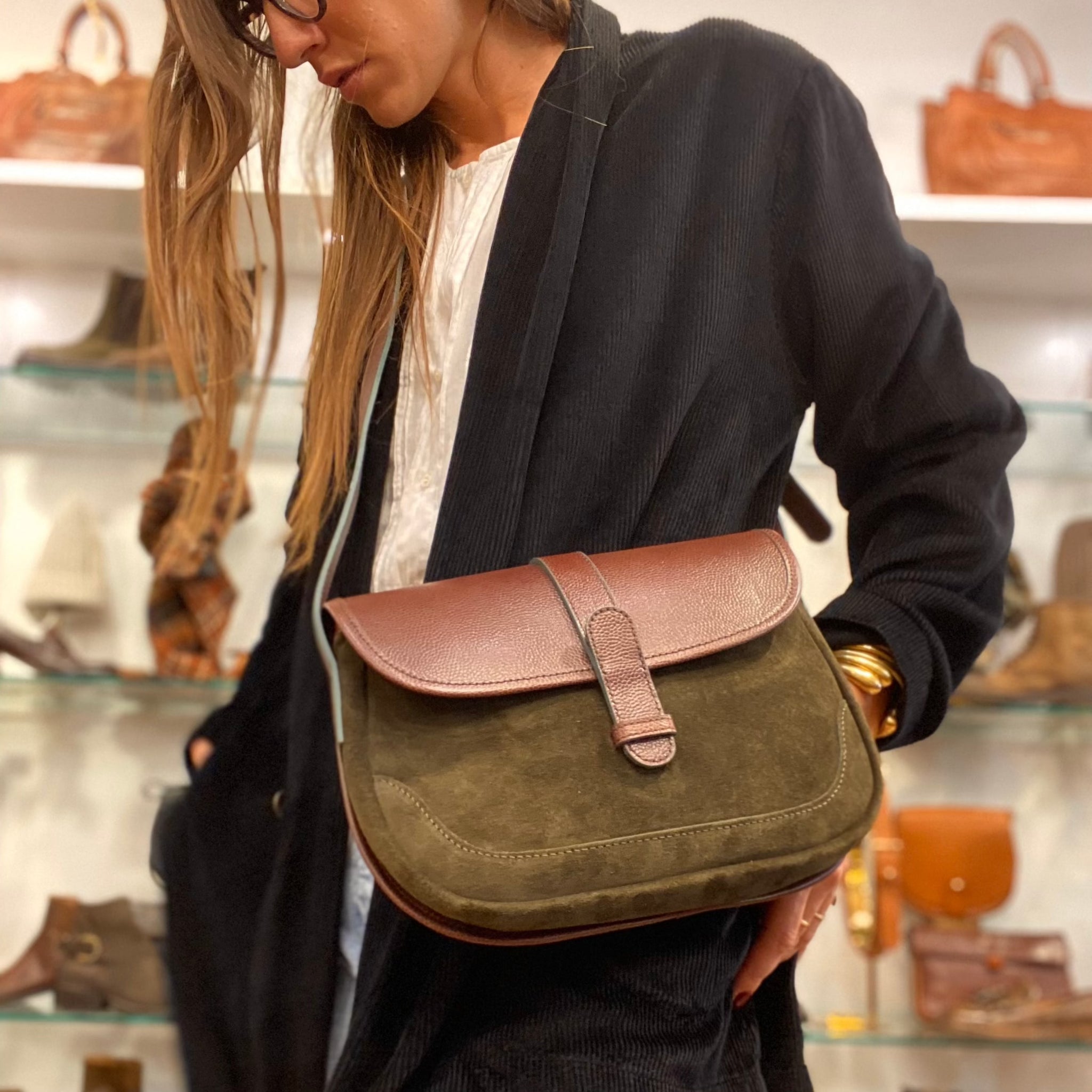 Bag Sac Daim Kaki Sac Bandoulière Bi-Matière En Cuir Marron Et