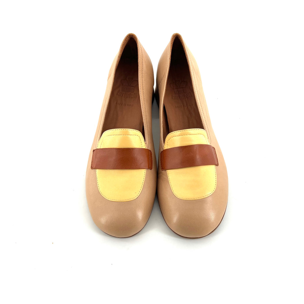 Mocassin Petit Talon Trotteur en Cuir Tricolore Beige / Jaune / Camel Ultra-Souple