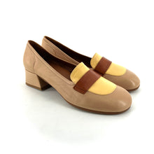 Charger l&#39;image dans la galerie, Mocassin Petit Talon Trotteur en Cuir Tricolore Beige / Jaune / Camel Ultra-Souple
