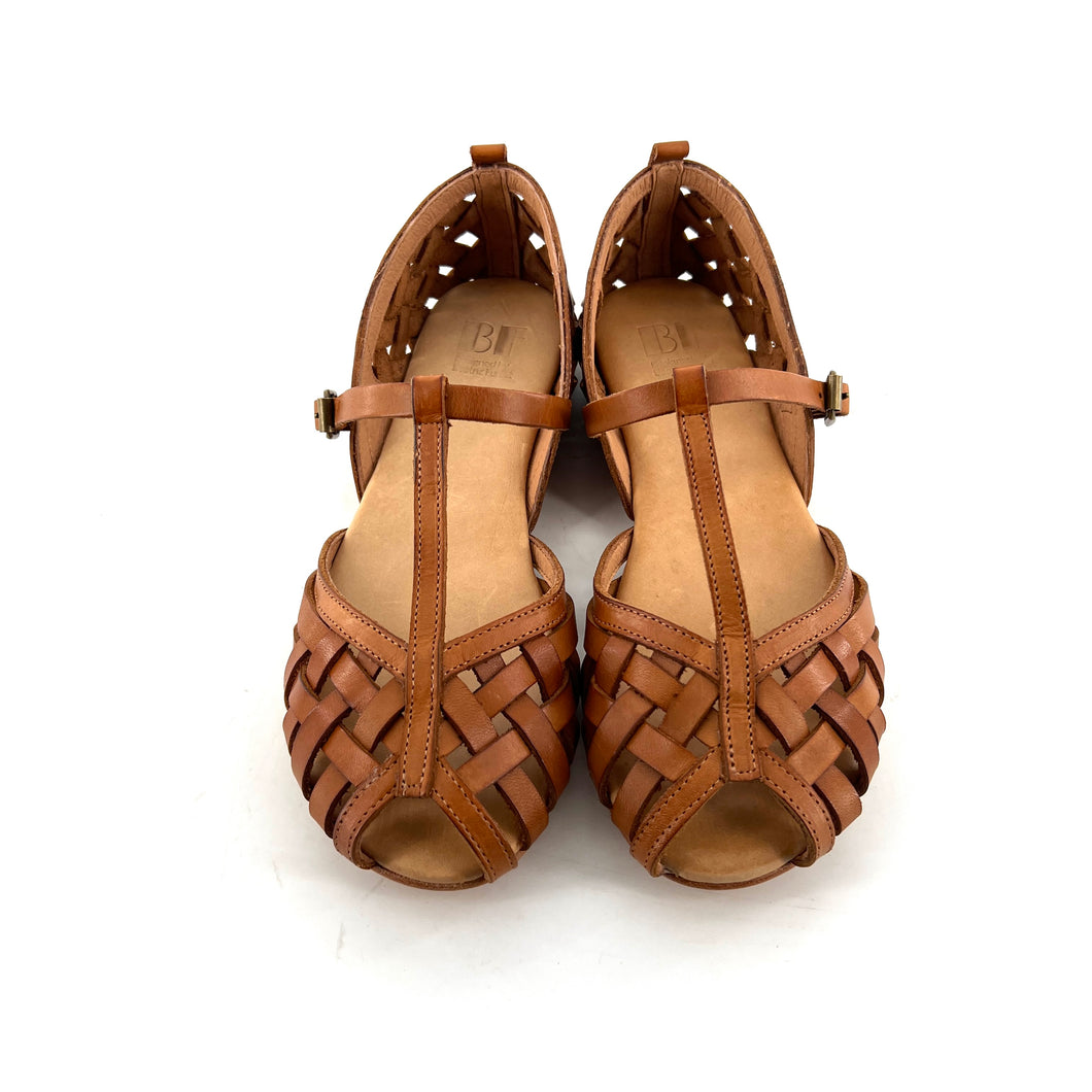 Sandale Tressée en Cuir Camel