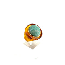 Load image into Gallery viewer, Bague Ronde en Acétate Tortoise et Cabochon Amazonite Serti Plaqué Or
