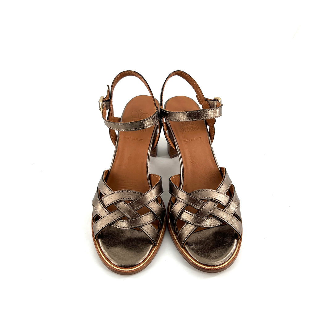 Sandale à Talon en Cuir Irisé Bronze Doré