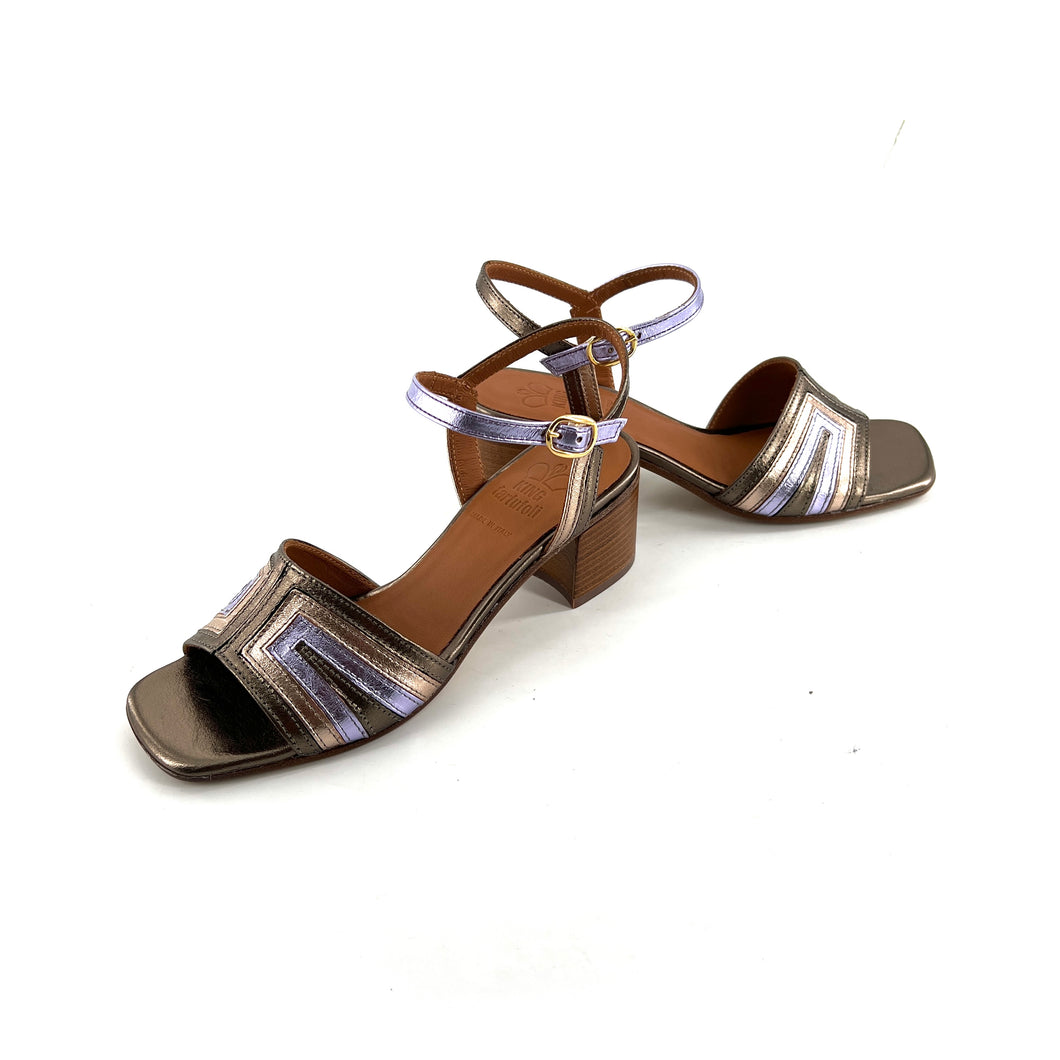Sandale Talon Trotteur en Cuir Irisé Bronze Rosée et Lilas