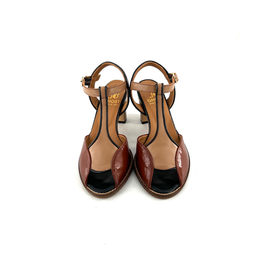 Sandale à Talon Montage Salomé en Cuir Cognac Beige et Noir