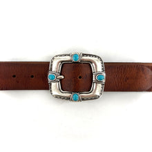Load image into Gallery viewer, Ceinture en Cuir Marron Large Boucle Vieil Argent et Pierres façon Turquoise

