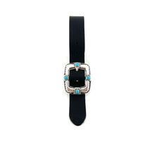 Load image into Gallery viewer, Ceinture en Cuir Noir Large Boucle Vieil Argent et Pierres façon Turquoise
