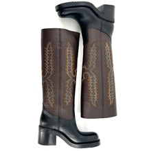 Load image into Gallery viewer, Botte Talon Trotteur en Cuir Noir et Chocolat
