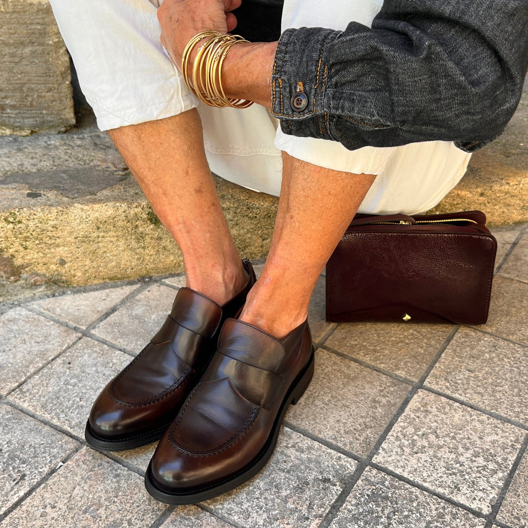 Mocassin Semi-Montant Zippé Arrière en Cuir Marron Foncé Veiné