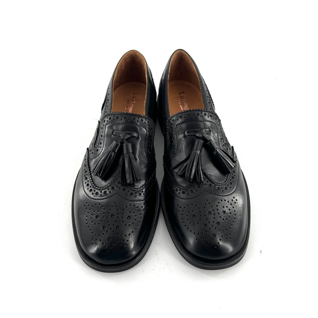 Mocassin à Pompons et Bout Fleuri en Cuir Noir
