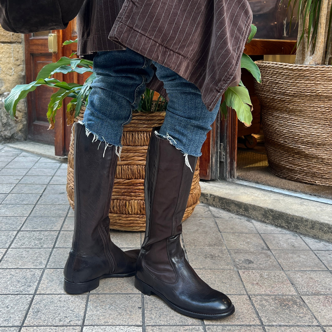 Botte Cavalière en Cuir et Cuir Stretch Ébano