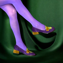 Load image into Gallery viewer, Mocassin Petit Talon Trotteur en Daim Violet Vert et Camel
