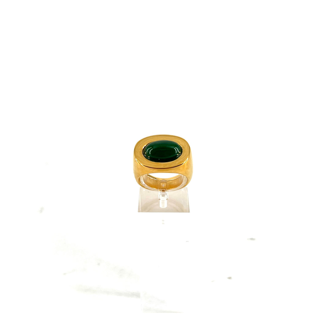 Large Bague Ovale en Plaqué et Cabochon Vert