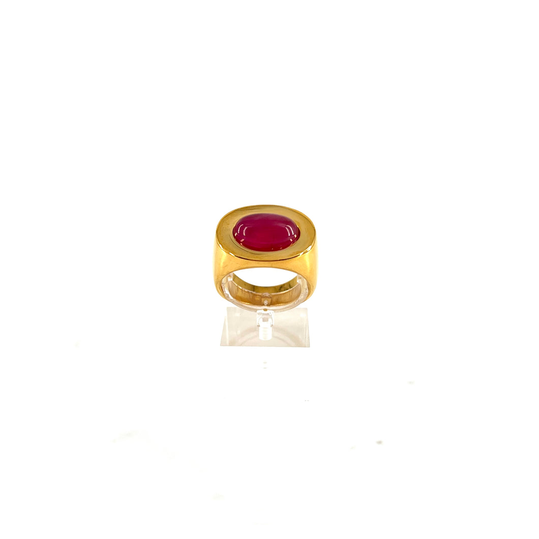 Large Bague Ovale en Plaqué Or et Cabochon Rose/Bordeaux