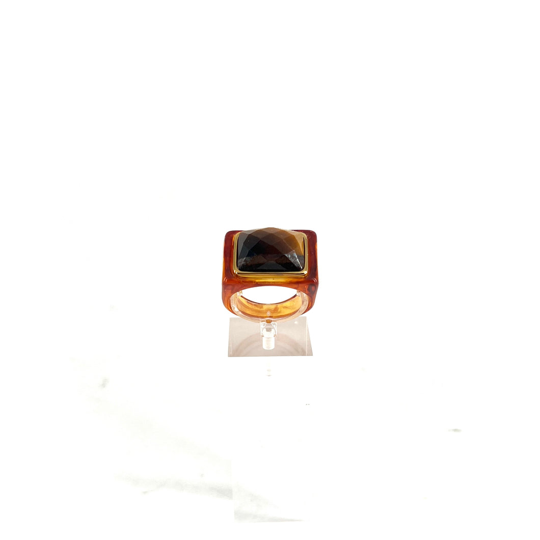 Large Bague en Acétate Tortoise et Oeil de Tigre Facetté Serti Plaqué Or
