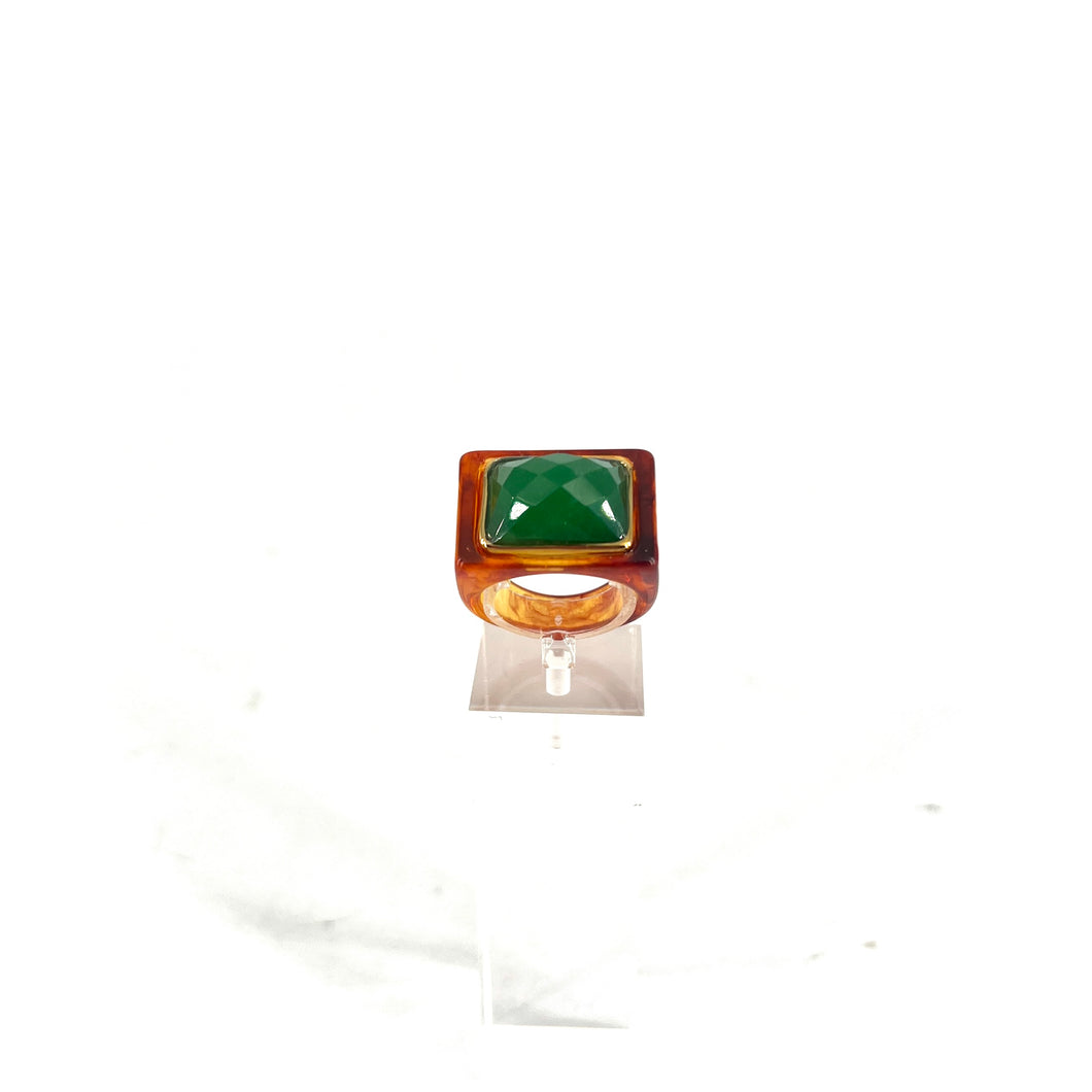 Large Bague en Acétate Tortoise et Onyx Vert Facété Serti Plaqué Or