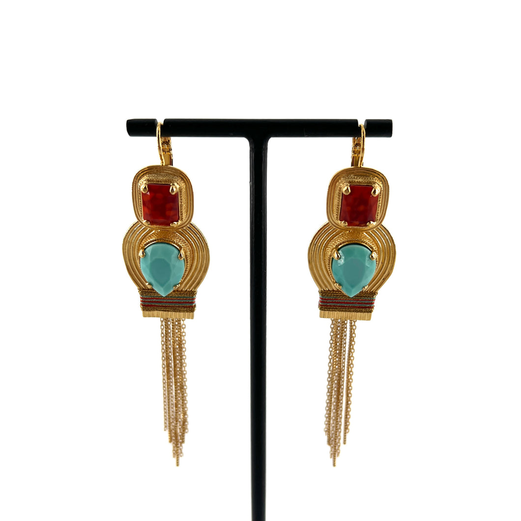 Longue Boucle d'Oreille SOLEIL en Turquoise et Corail