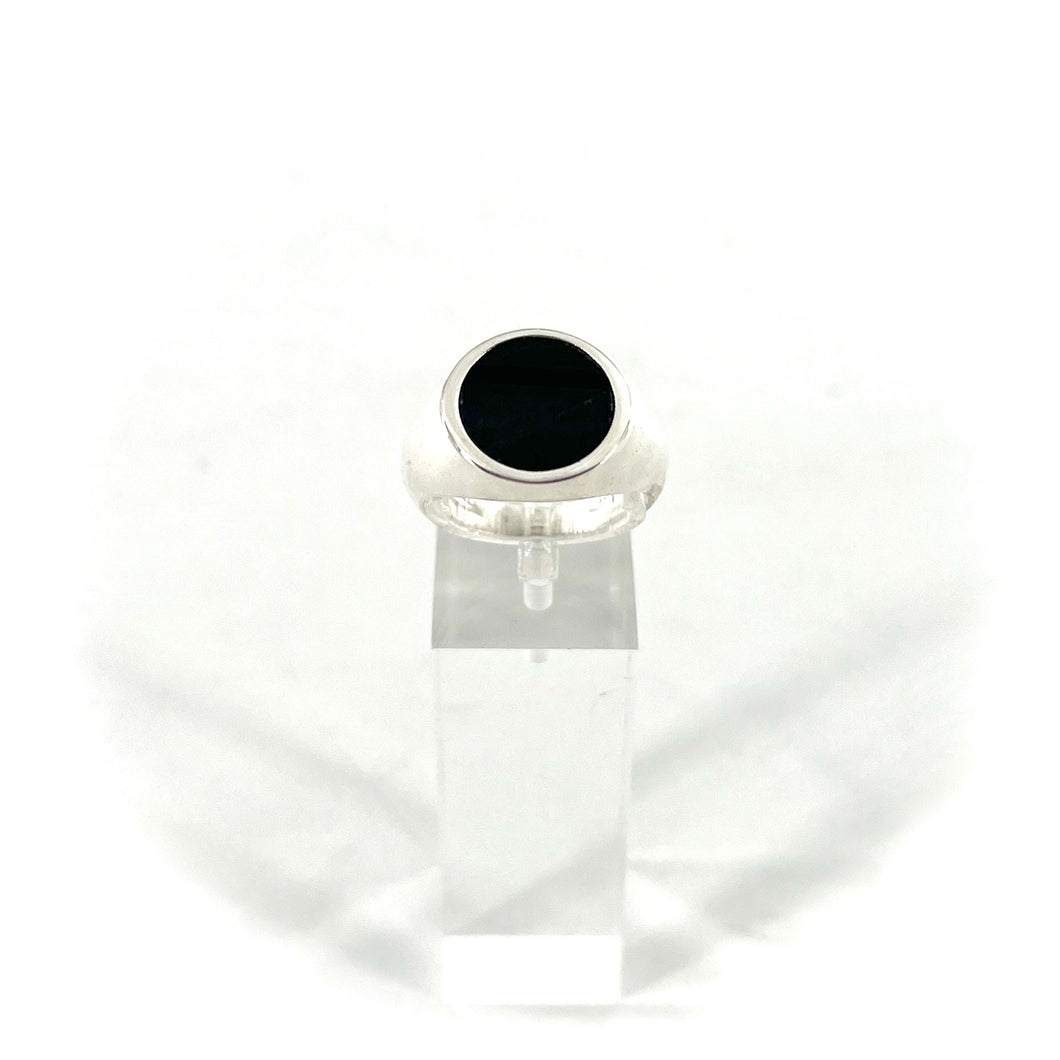 Chevalière Ronde en Argent Lisse et Onyx Texturé