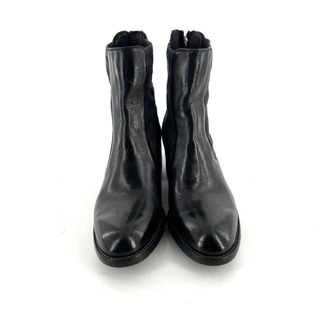 Boots Talon Trotteur Zippé Arrière en Cuir et Cuir Stretch Noir