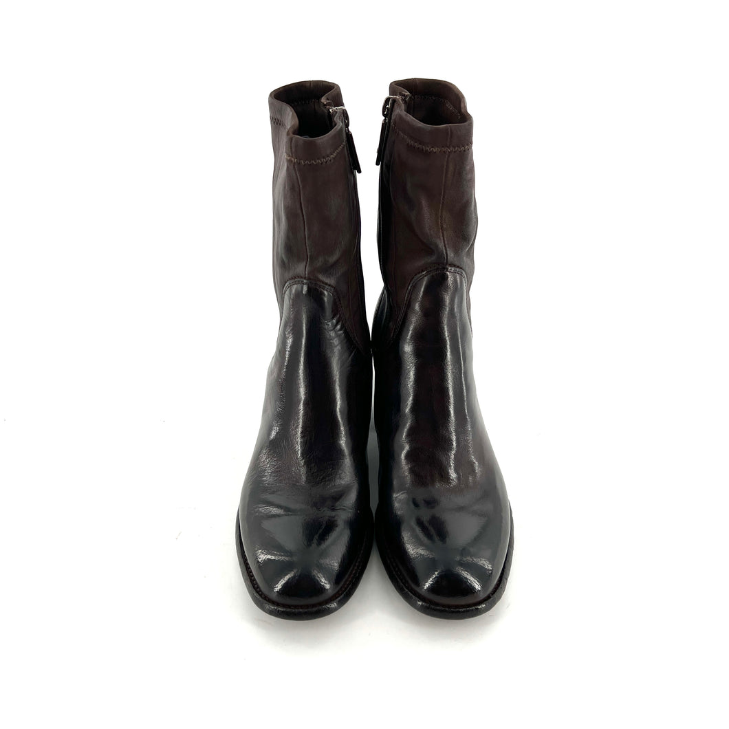 Boots Talon Trotteur en Cuir Ébano Tige Haute en Cuir Stretch