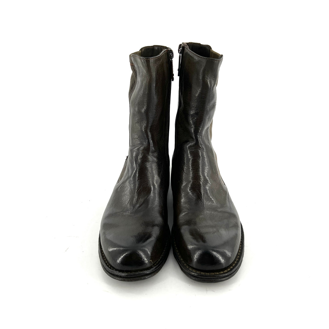 Boots Zippé Intérieur Tige Haute en Cuir et Cuir Stretch Loden