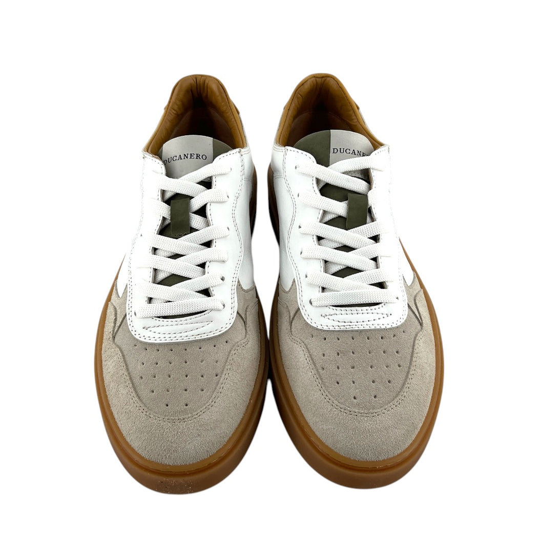 Basket en Cuir Blanc Kaki Jaune et Daim Craie