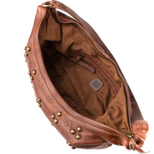 Charger l'image dans la galerie, Sac Porté Épaule et Bandoulière Format Banane en Cuir Camel et Clous Vieil Or
