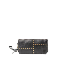 Load image into Gallery viewer, Portefeuille Moyen Modèle en Cuir Noir et Rivets Vieil Or
