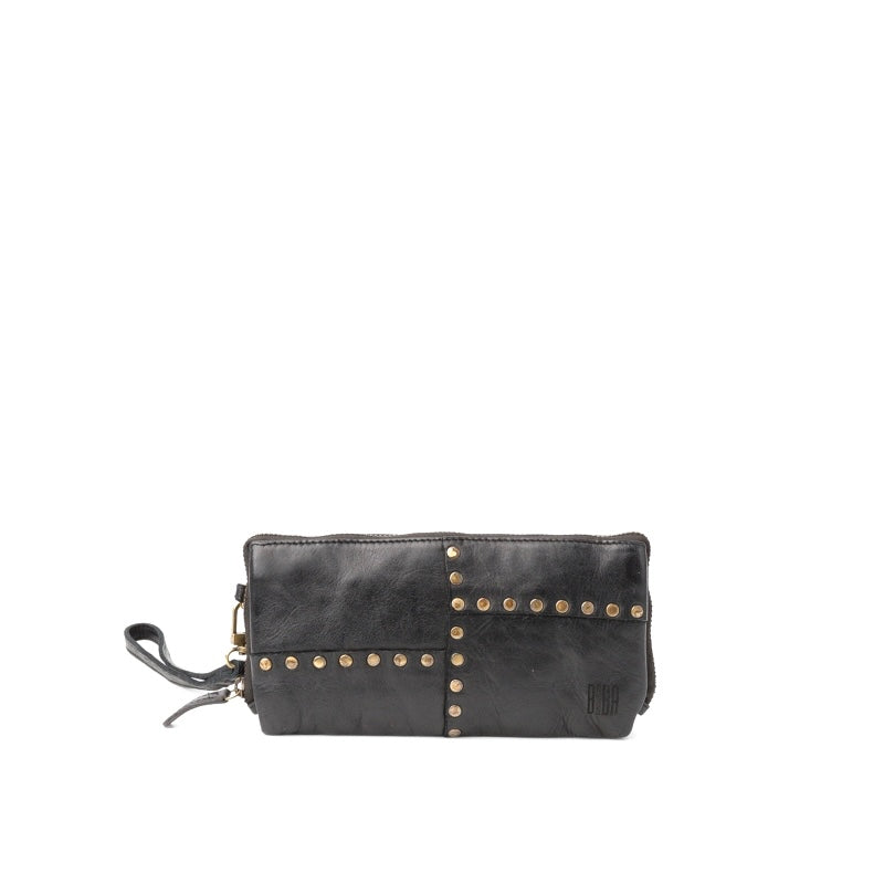 Portefeuille Moyen Modèle en Cuir Noir et Rivets Vieil Or