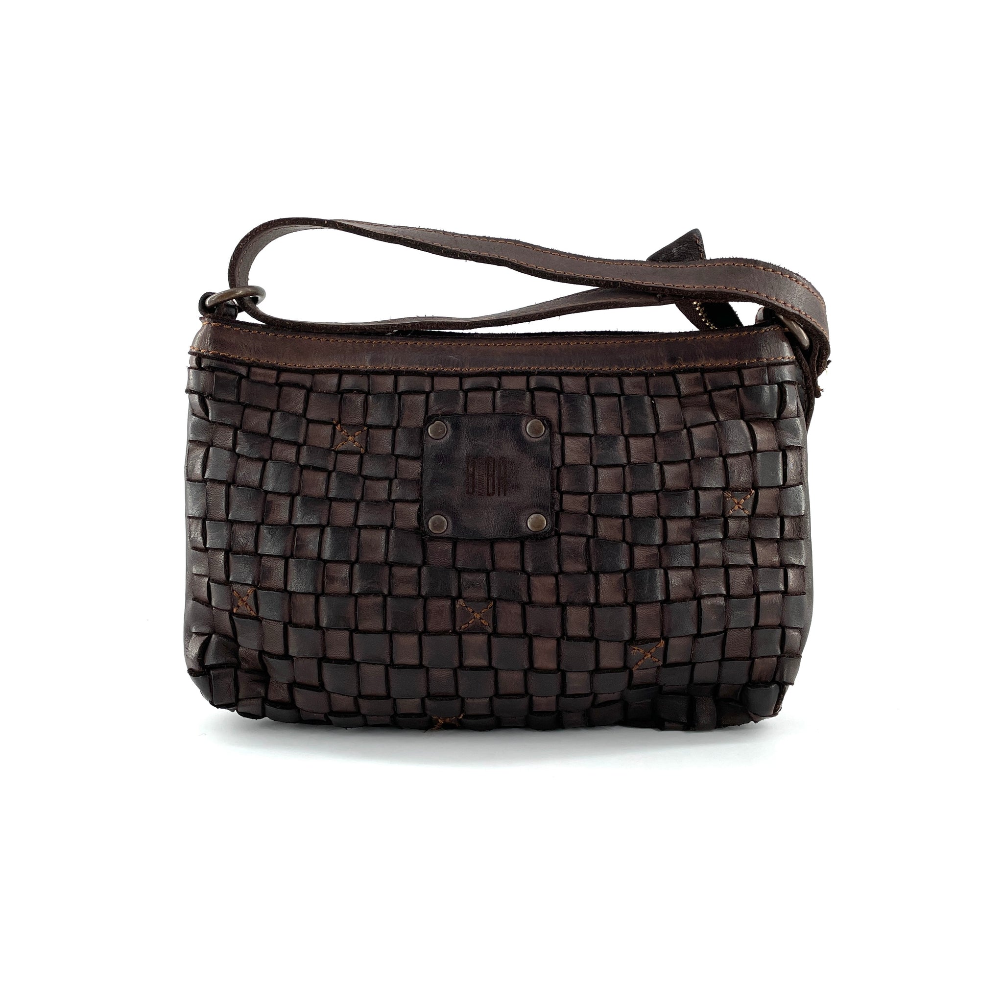 Mini-Sac Tressé en Cuir Marron Foncé Porté Travers BIBA KA9