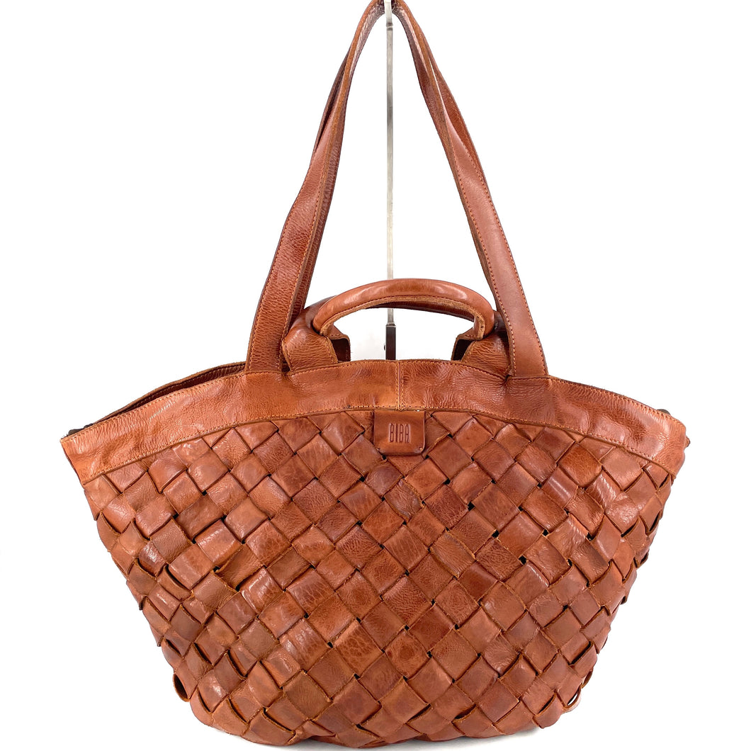 Sac Panier en Cuir Tressé Camel