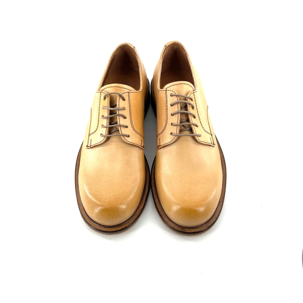 Derby à Bout Rond en Cuir Beige Veiné
